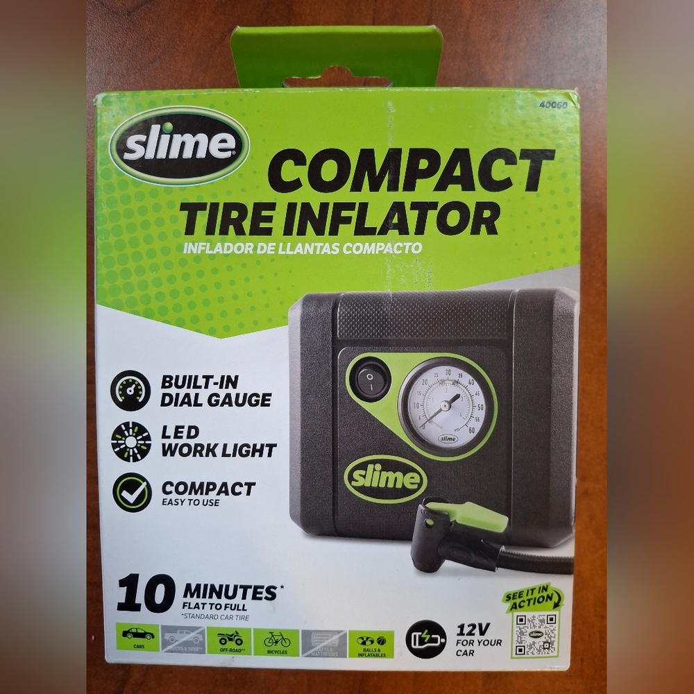 Slime Compact Tire Inflator with LED Light & Adapters 40060